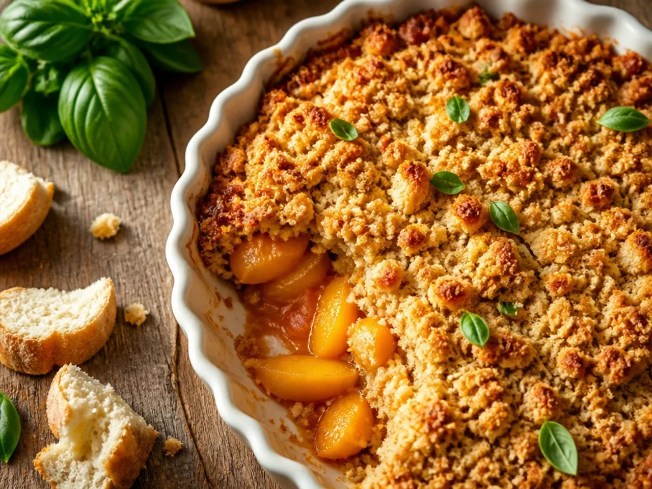 Dump-style peach crisp with dry cake mix and butter cubes scattered over canned peaches before baking