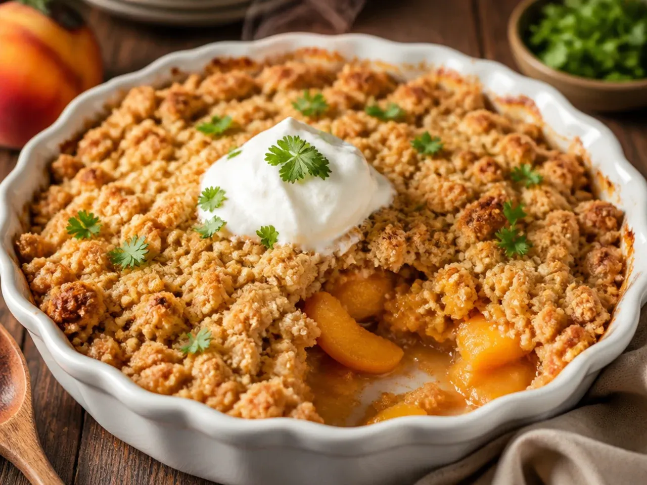 Peach crisp with canned peaches topped with orange zest and a wedge of orange on the side