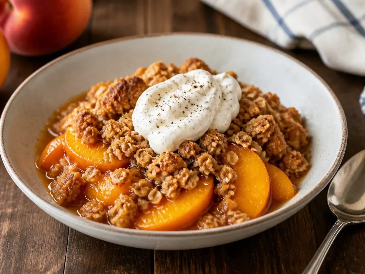 Wholesome peach crisp with canned peaches made with whole-wheat crumble and chopped walnuts