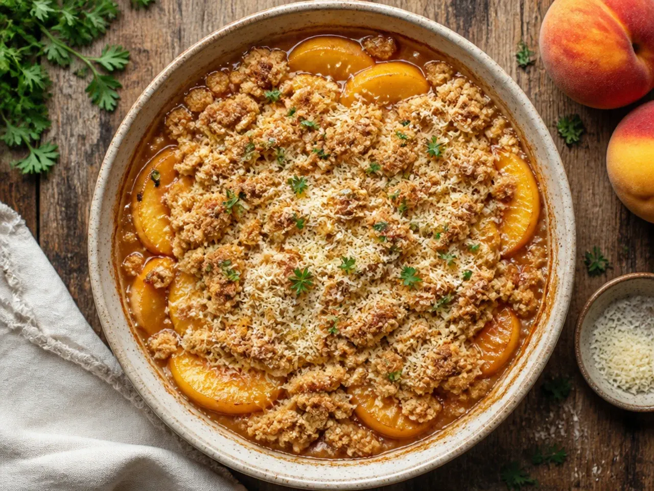 Simple budget-friendly peach crisp with canned peaches in a basic glass dish