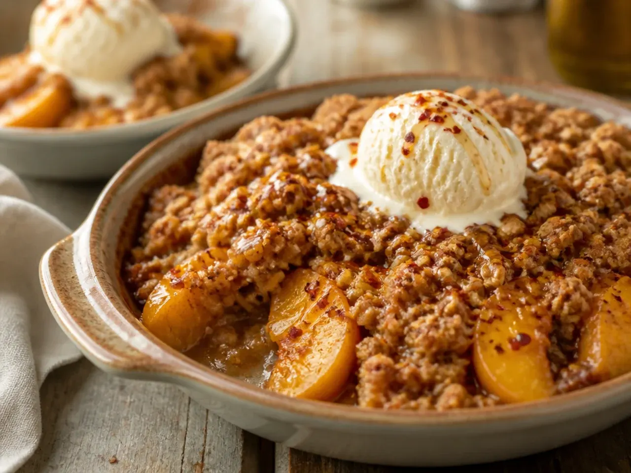 Four individual ramekins of peach crisp with canned peaches with golden crumble tops