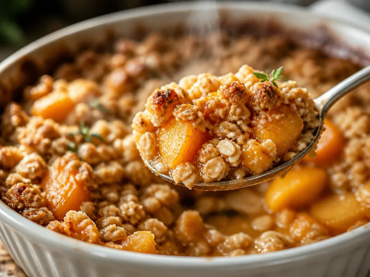 Rustic peach crisp with canned peaches baked and served in a cast iron skillet
