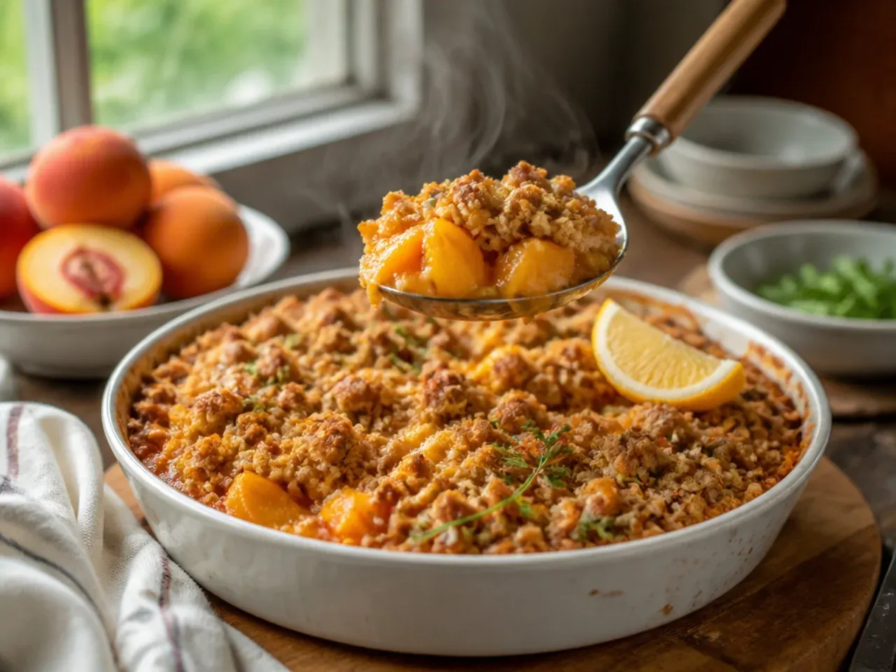 Loaded peach crisp with canned peaches topped with pecans, coconut, and melted white chocolate
