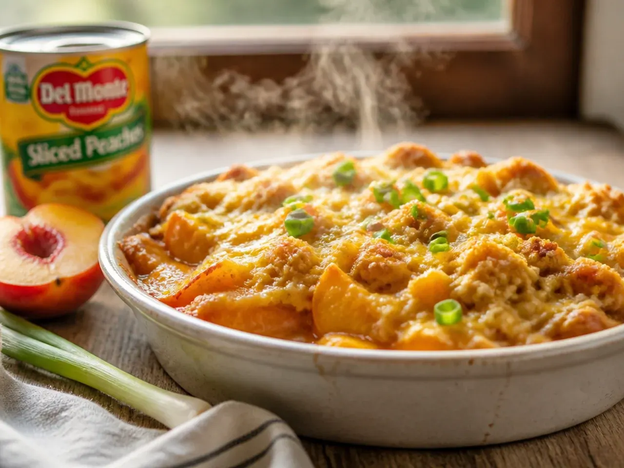 Large family-size peach crisp with canned peaches in a 9x13 inch dish with serving spoon