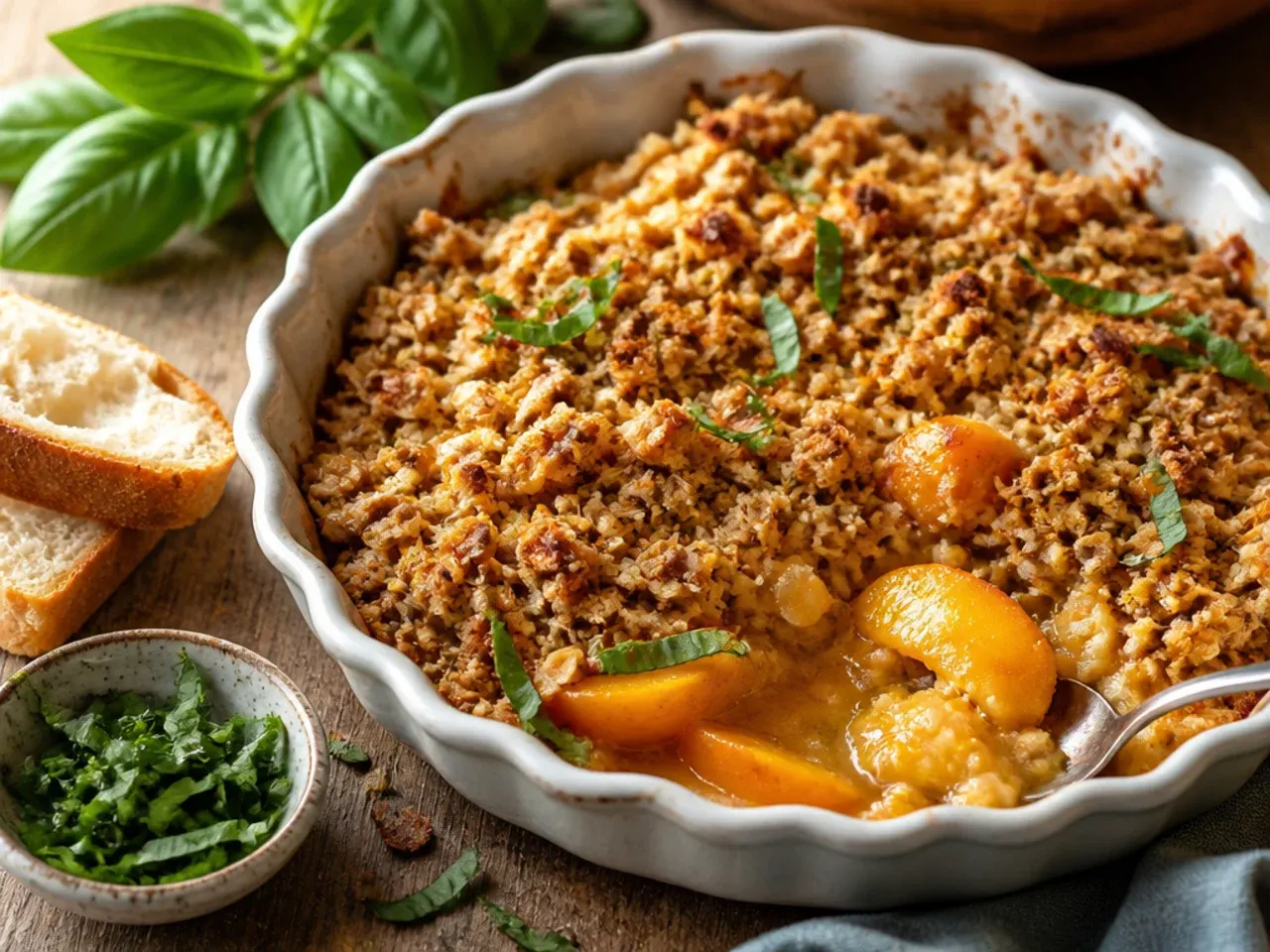 Close-up of golden brown butter crumble topping on peach crisp with canned peaches
