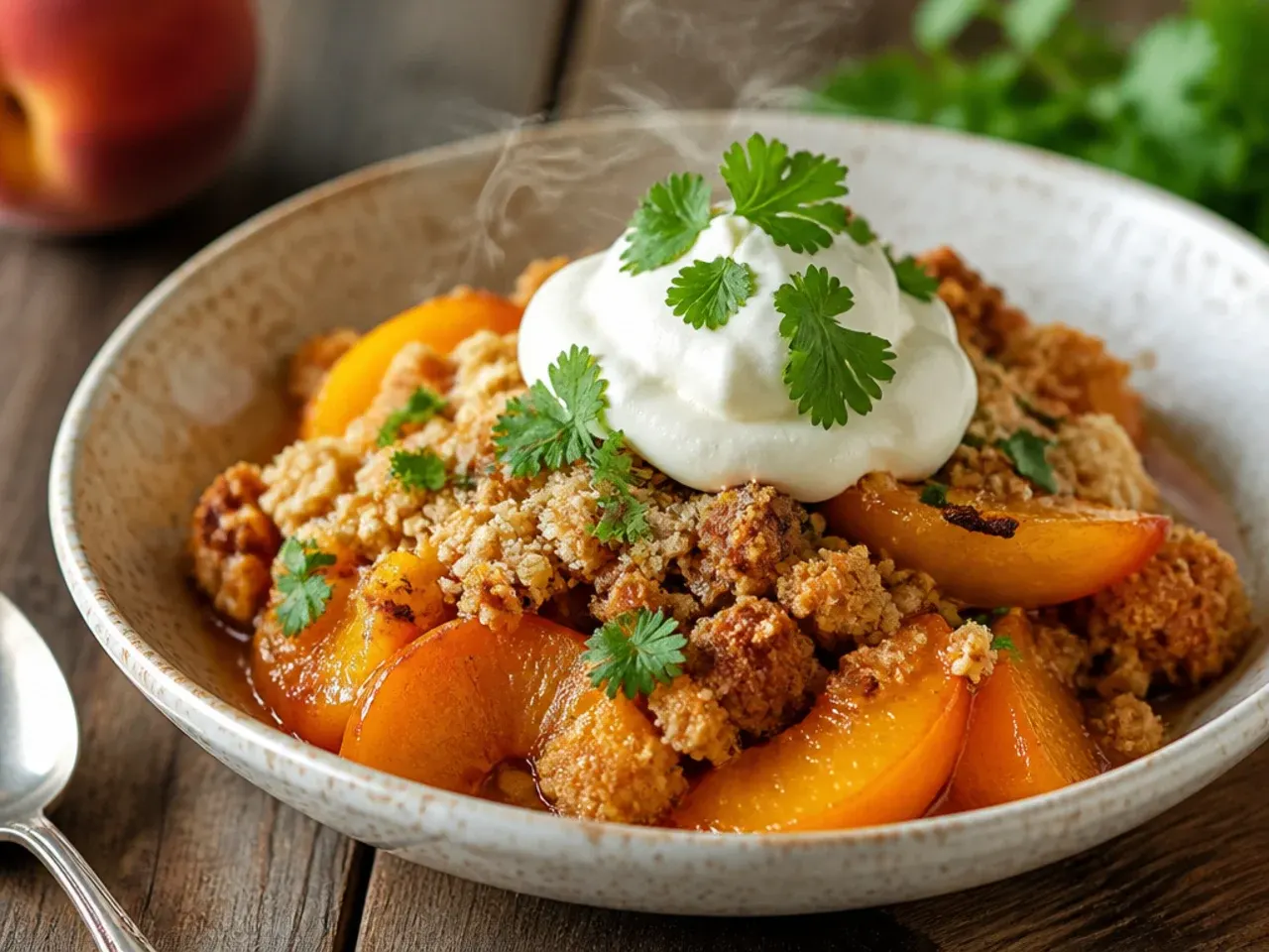 Single-serving mug of peach crisp with canned peaches and crumble topping