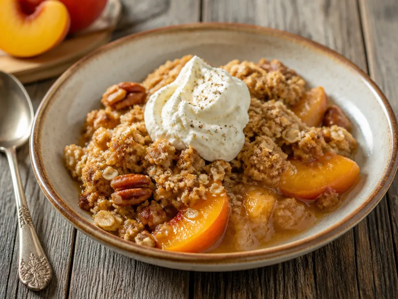 Southern-style peach crisp with canned peaches with dropped biscuit topping