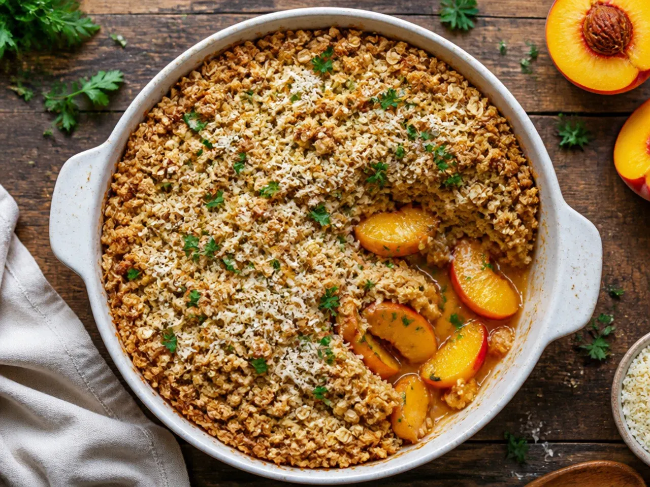 Peach crisp with canned peaches topped with crushed oatmeal cookie crumbs