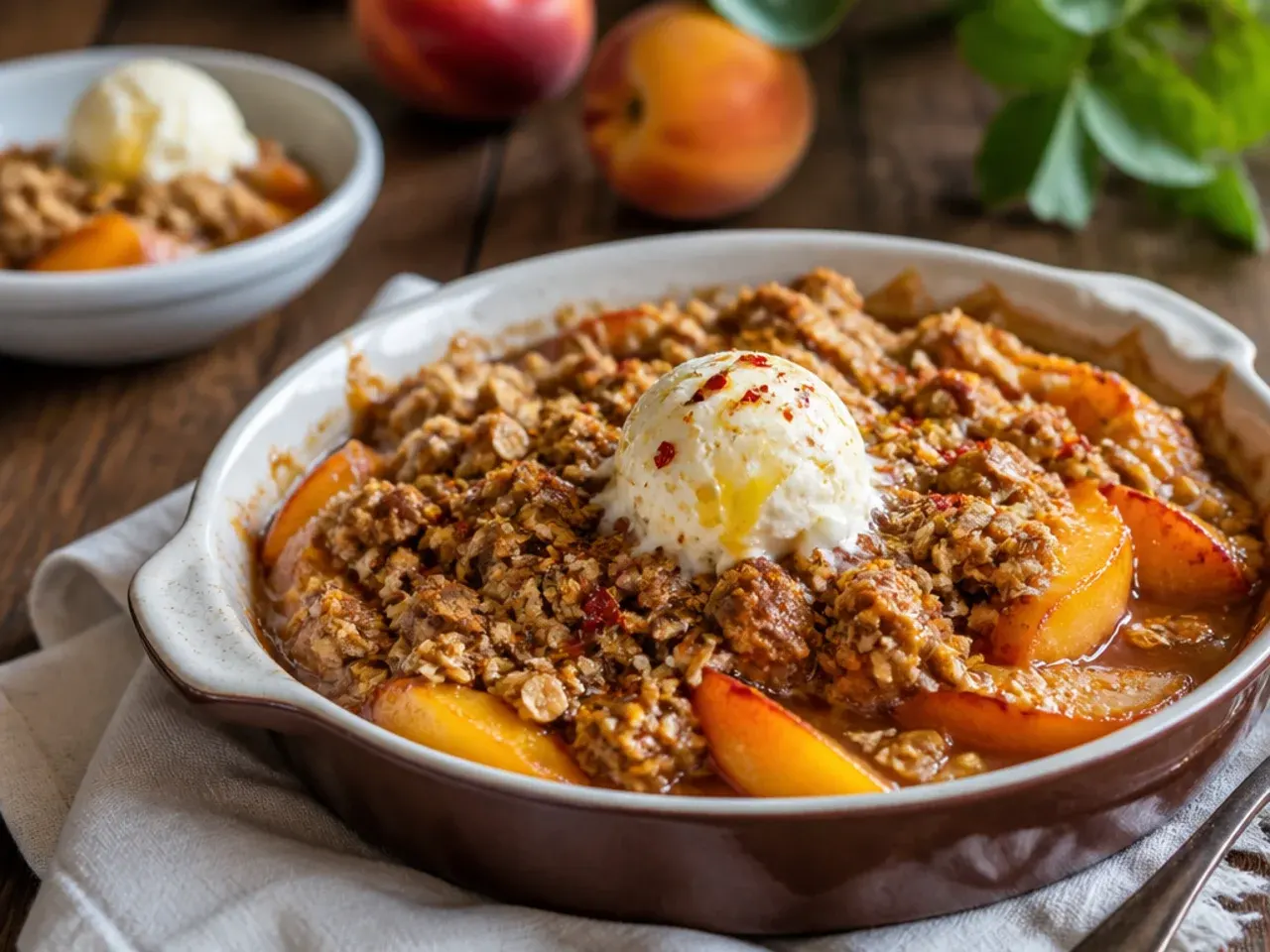 Gluten-free peach crisp with canned peaches made with certified gluten-free oats and flour blend