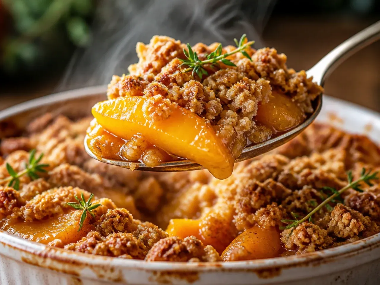Spiced rum peach crisp with canned peaches drizzled with a brown sugar glaze