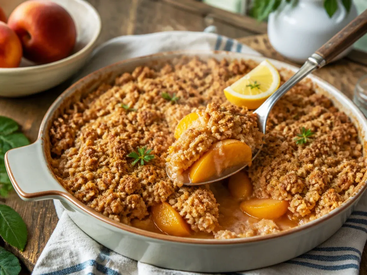 Small ramekins of peach crisp with canned peaches inside an air fryer basket