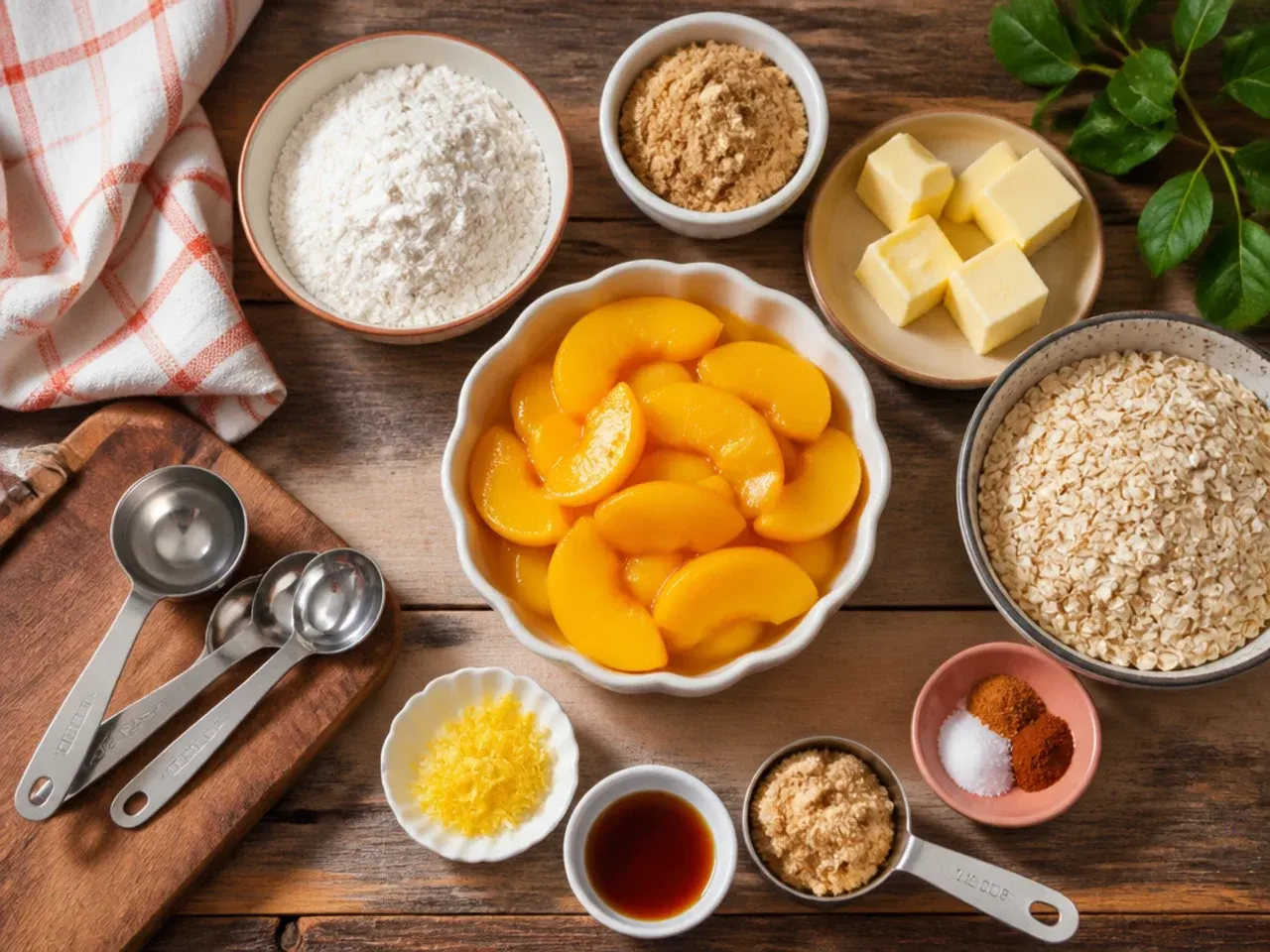 Hands rubbing cold butter into flour and oats to make crumble topping for peach crisp