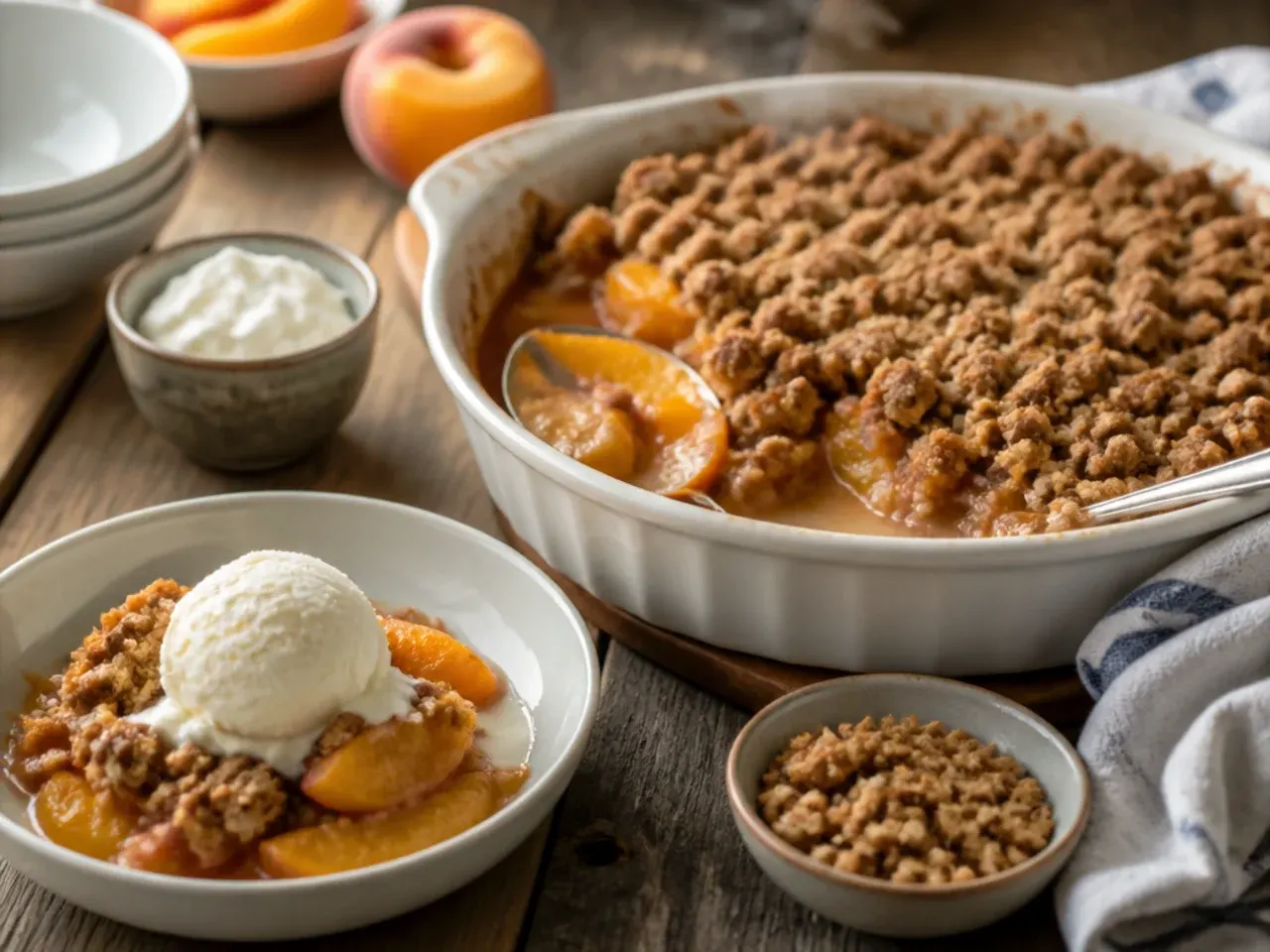 Bowl of warm peach crisp with canned peaches topped with a melting scoop of vanilla ice cream