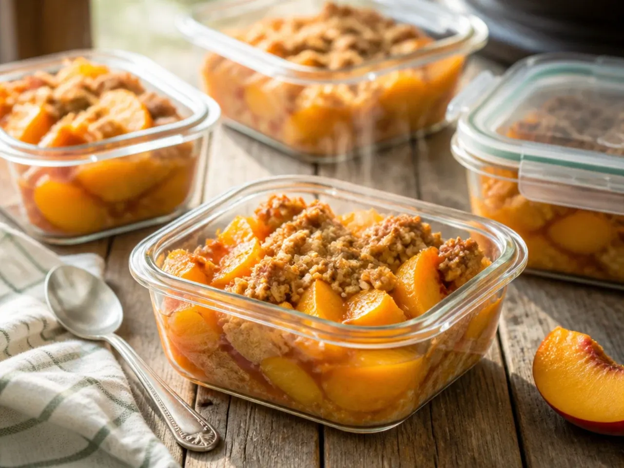 Leftover peach crisp with canned peaches covered in an airtight container ready for the fridge