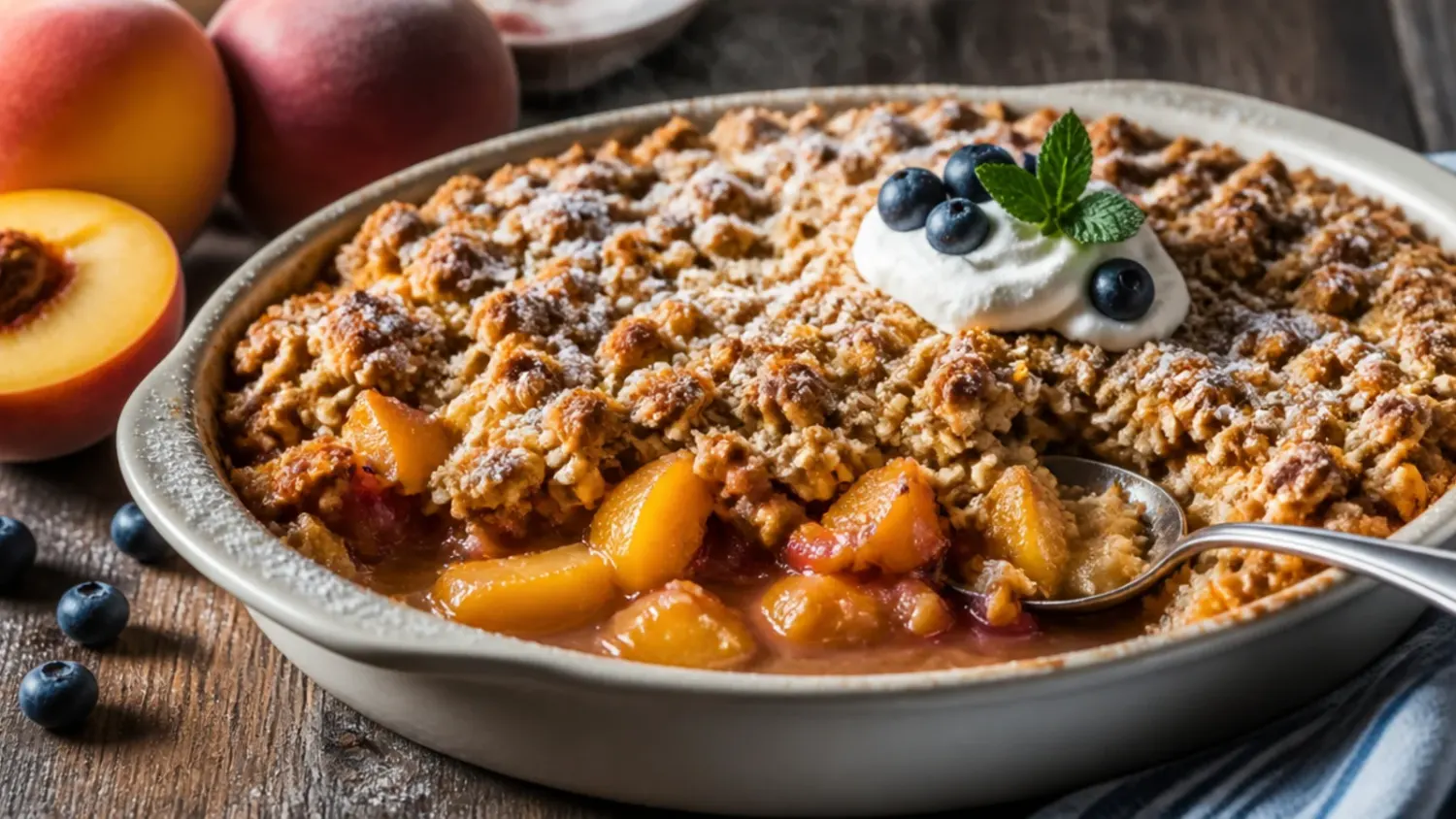 A golden peach crisp with fresh peaches in a baking dish, bubbling at the edges with a crisp oat topping and a scoop of vanilla ice cream on top
