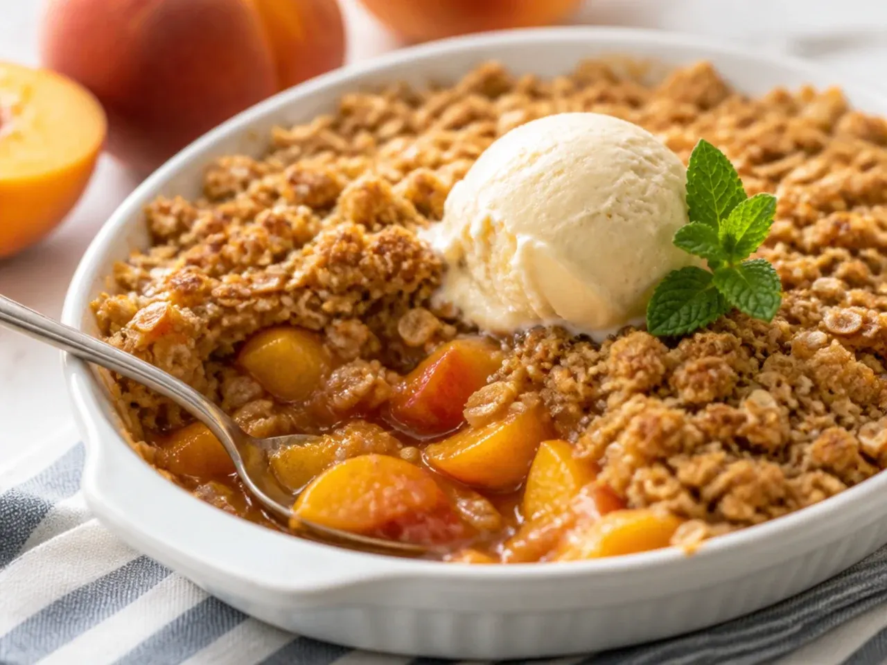 Overhead view of sliced fresh peaches and a bowl of oat crumble topping ingredients laid out on a wooden counter