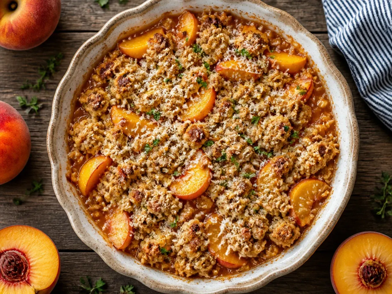 Classic peach crisp with fresh peaches in a white ceramic dish, golden oat topping visible