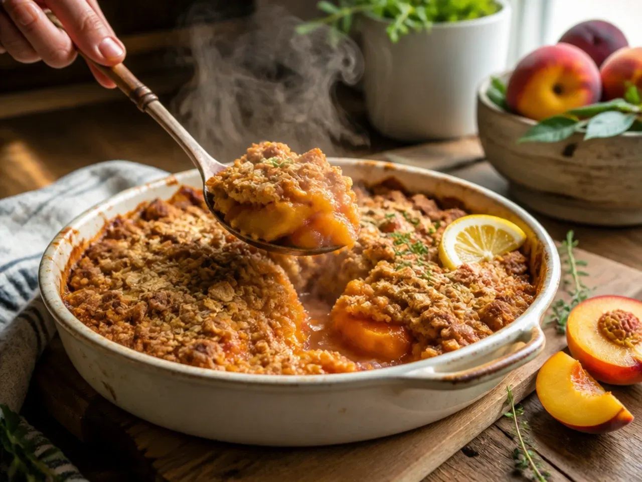 Bowl of warm spiced peach crisp with custard being poured over the top