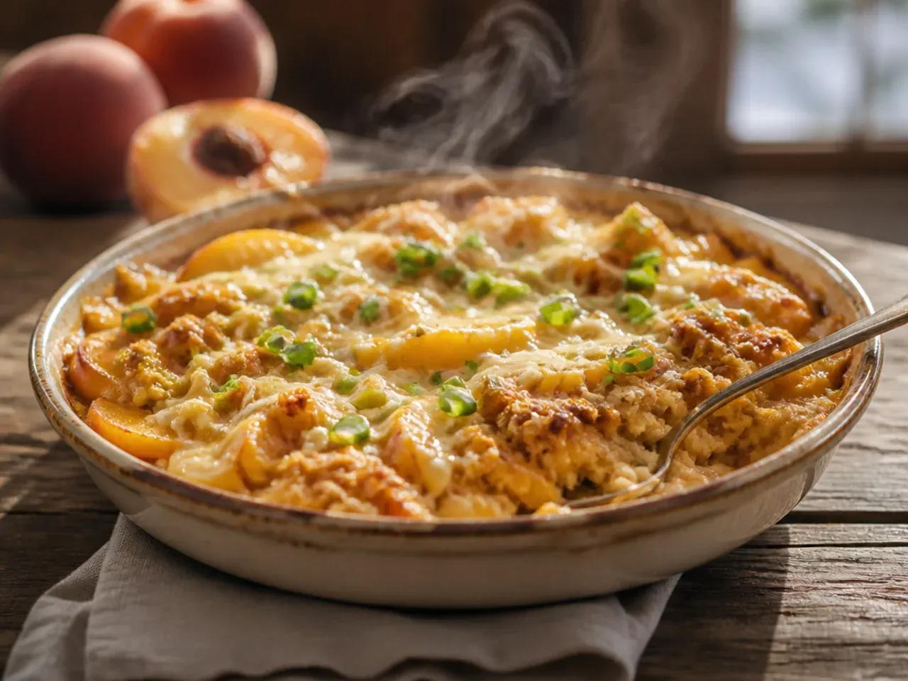 Peach crisp with visible melted cream cheese pockets among the baked peach filling