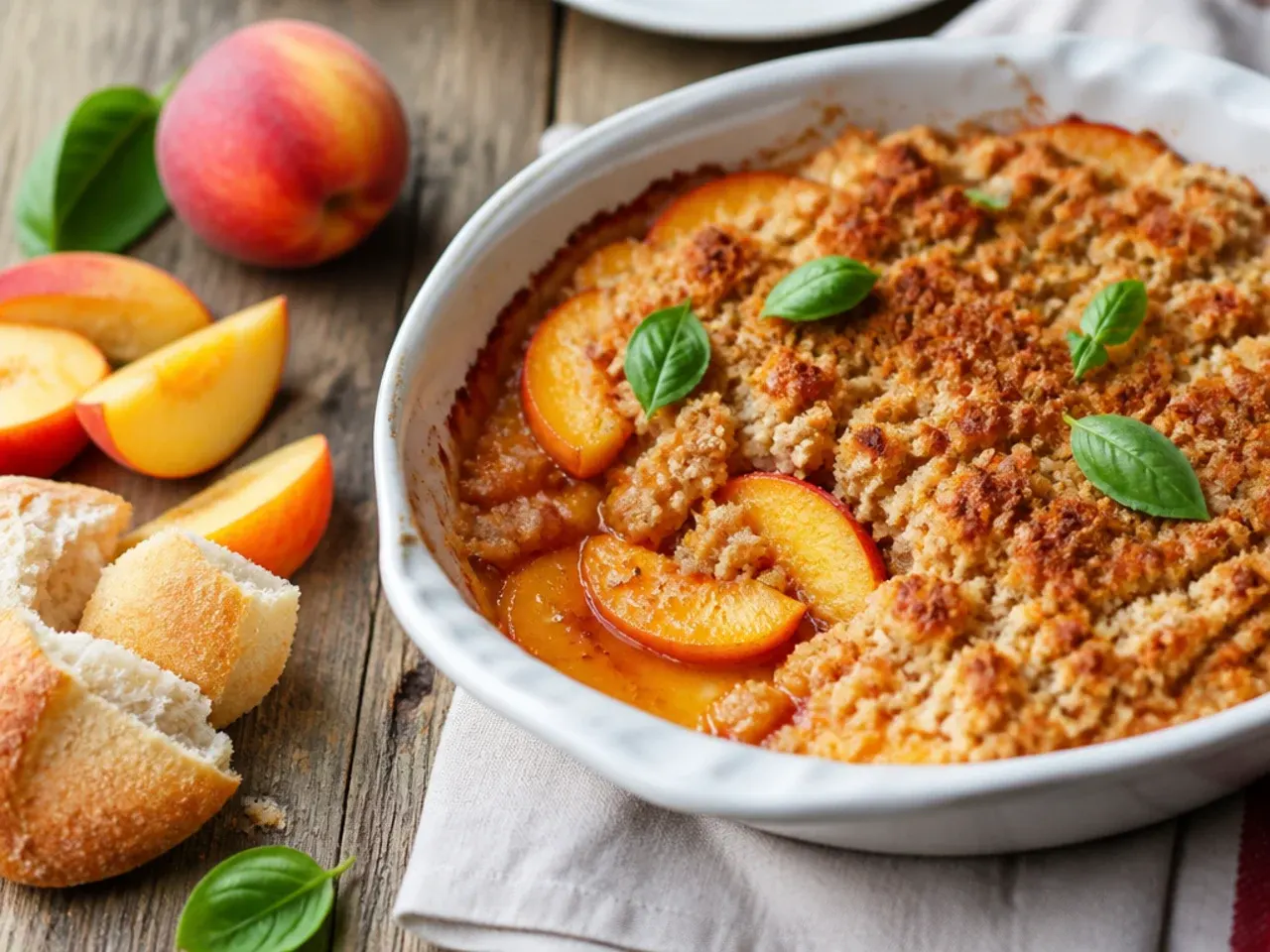 Five simple ingredients for peach crisp laid out on a counter: peaches, sugar, oats, flour and butter