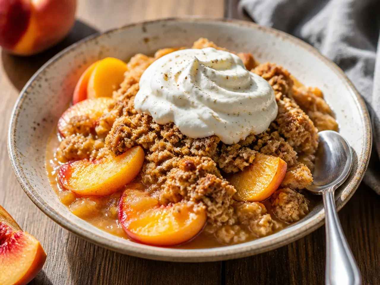 Wholesome peach crisp topping with wholemeal flour and chopped almonds visible before baking