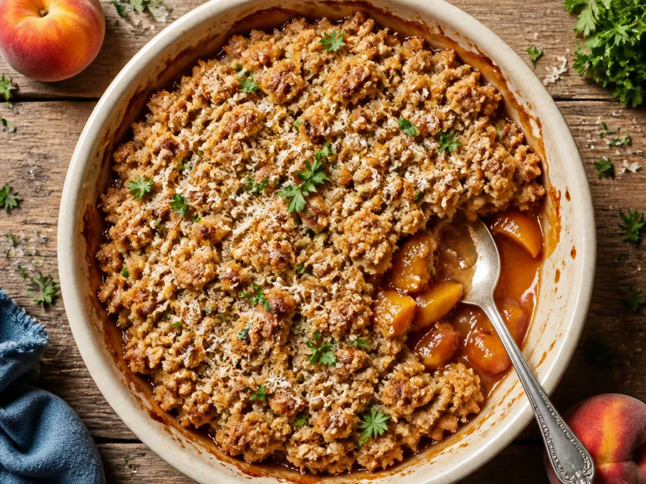 Bag of frozen peach slices next to a baking dish being prepared for budget peach crisp