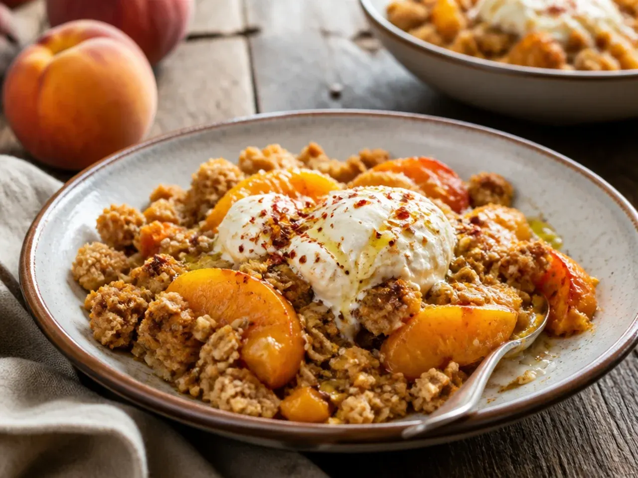 Six individual ramekins of peach crisp fresh out of the oven with golden bubbling tops