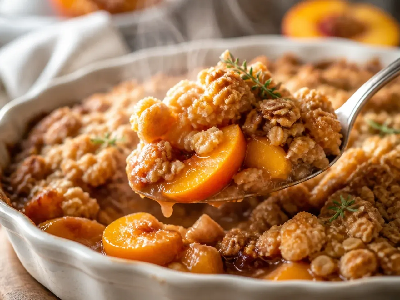 Cast iron skillet of rustic peach crisp with chunky oat and pecan topping, served straight from the pan