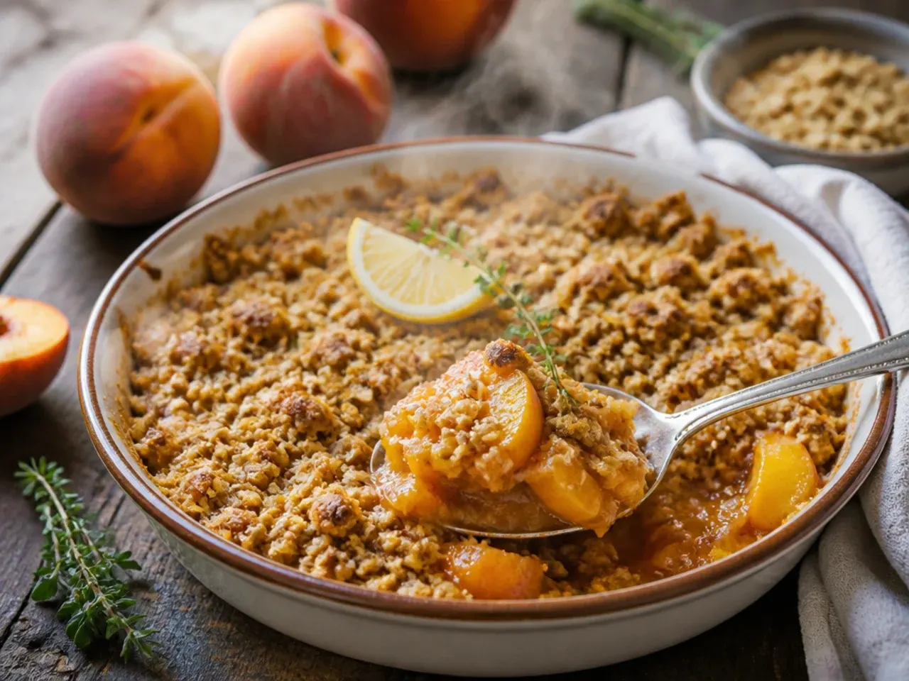 Loaded peach crisp topped with pecans, toasted coconut flakes and chocolate chips