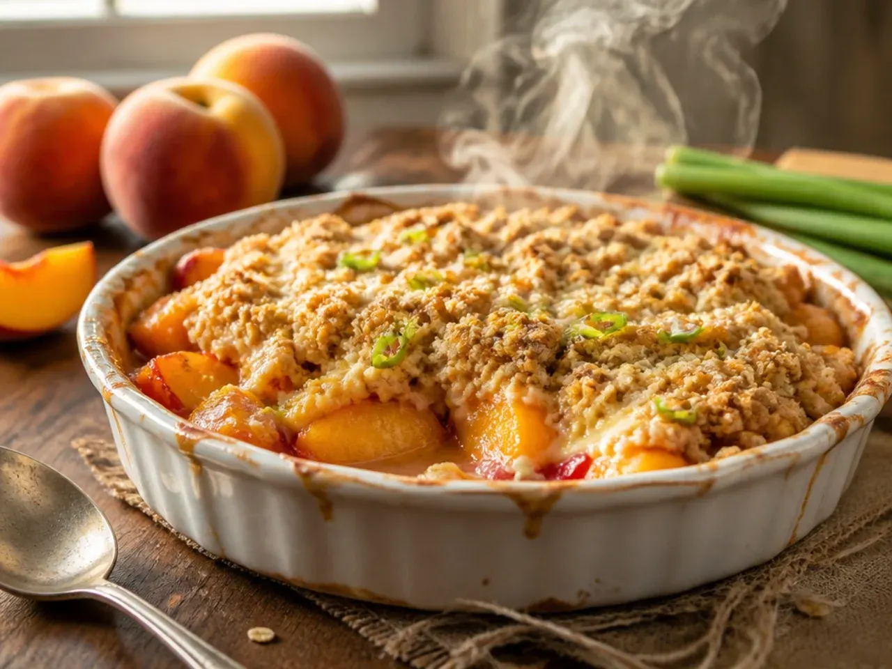 Large family-size peach crisp in a 9x13 baking dish fresh from the oven, golden and bubbling