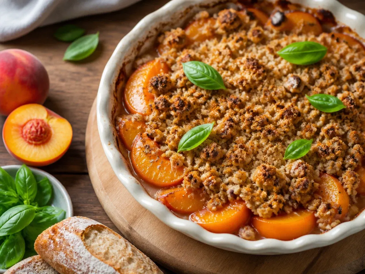 Close-up spoonful of best-ever peach crisp showing thick jammy filling and extra-crunchy toasted oat topping