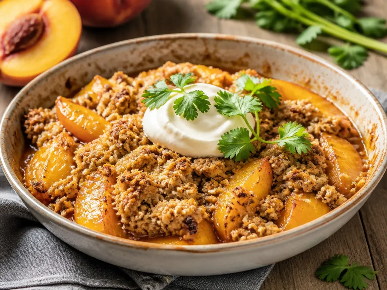 Single mug of quick microwave peach crisp topped with toasted oat crumble