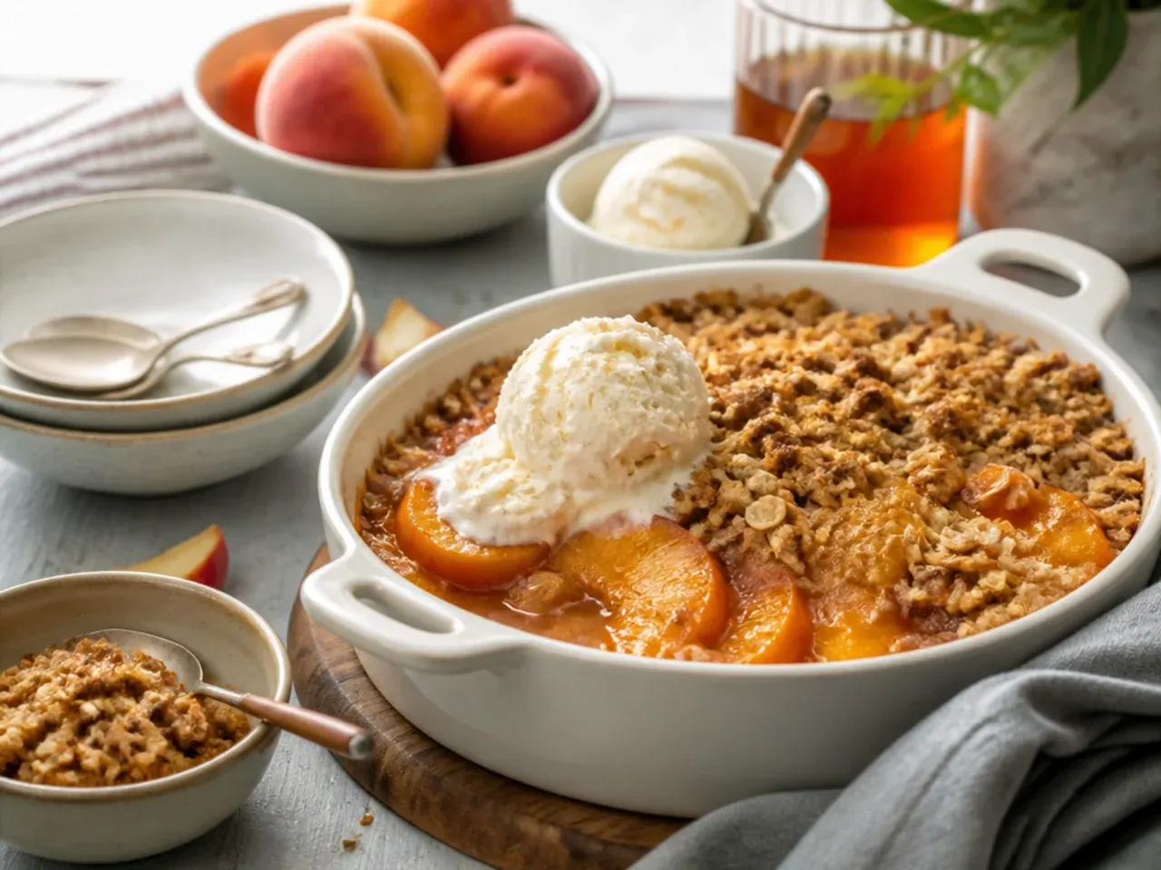 Bowl of peach crisp served with a scoop of vanilla ice cream melting over the top