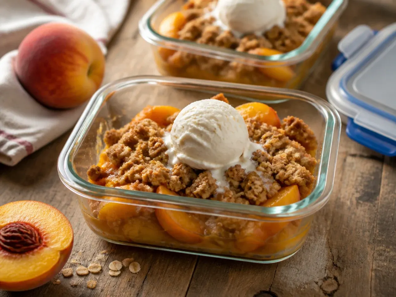 Airtight container of leftover peach crisp being stored in the refrigerator