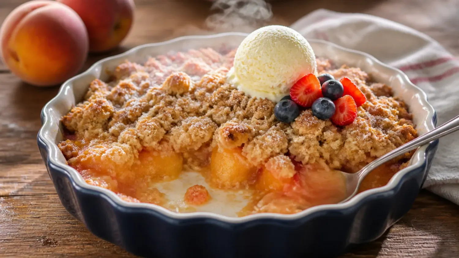 Golden-topped peach crisp with frozen peaches in a white baking dish, fresh from the oven with bubbling fruit filling visible at the edges