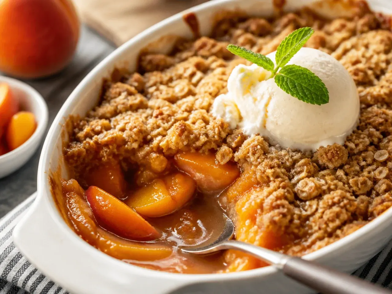 Bowl of frozen sliced peaches next to a baking dish of golden peach crisp topped with oat crumble
