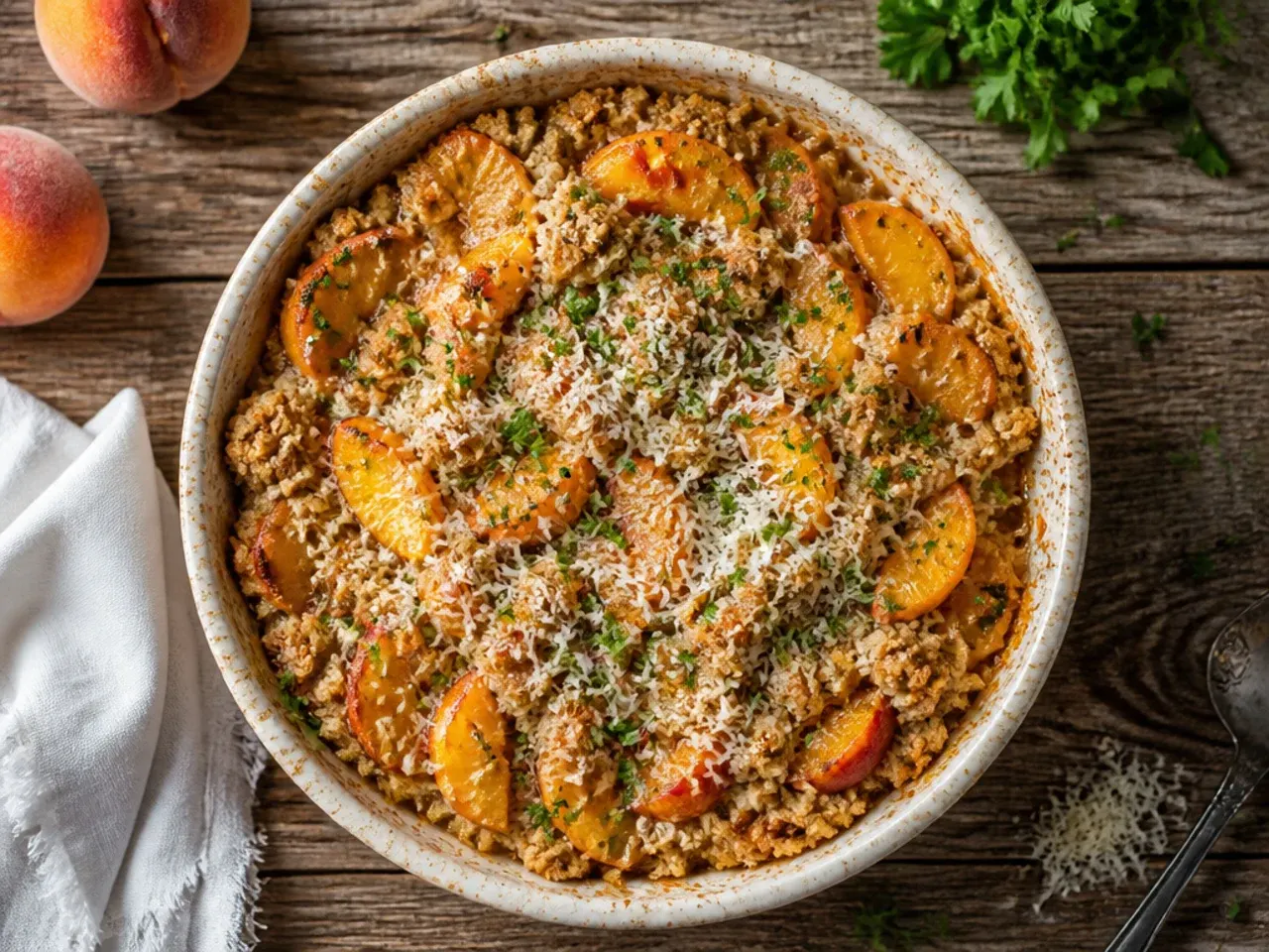 Classic peach crisp with frozen peaches in a rectangular baking dish with a golden oat crumble top