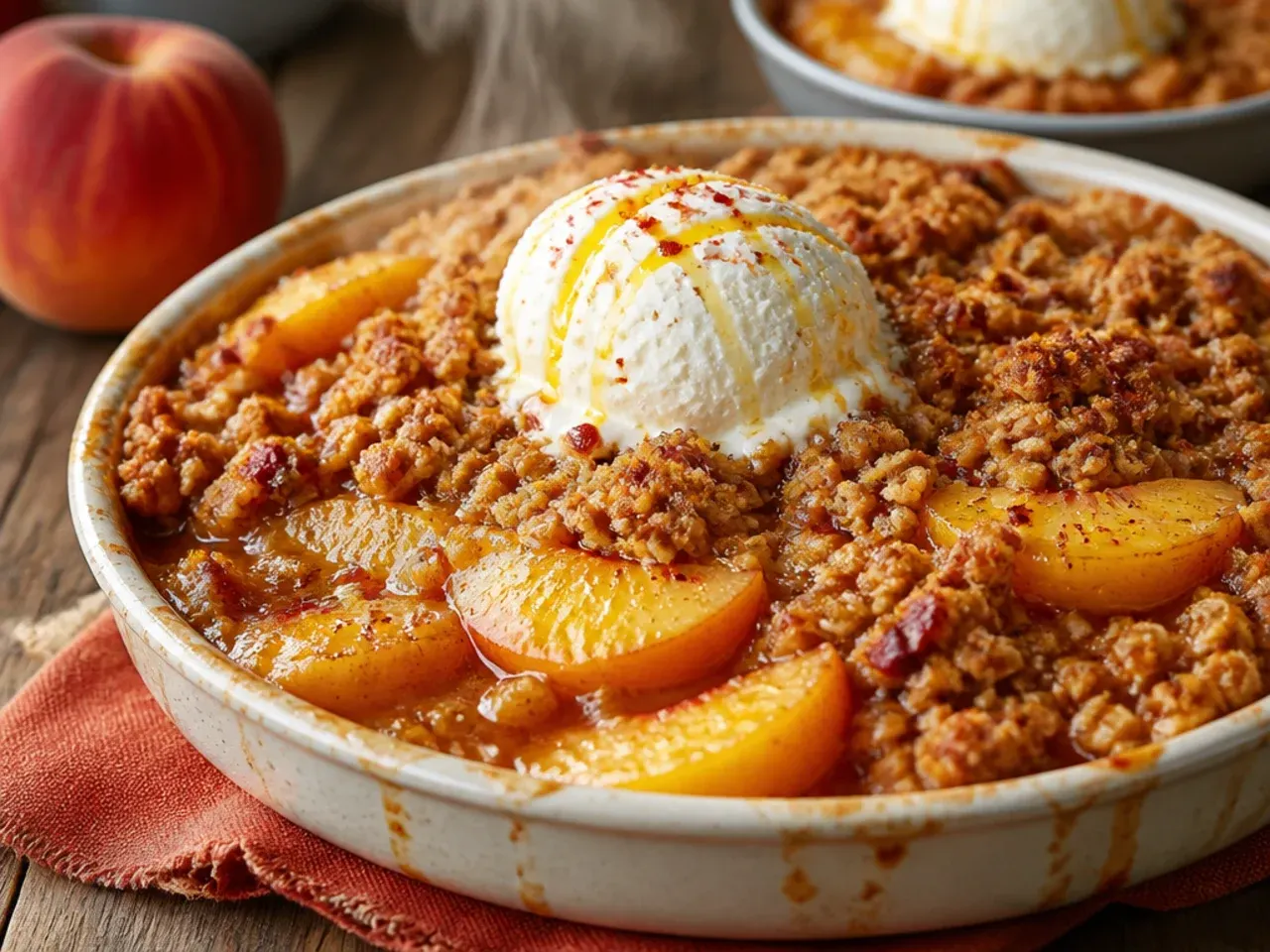 Dump-and-bake peach crisp with cake mix topping in a baking dish