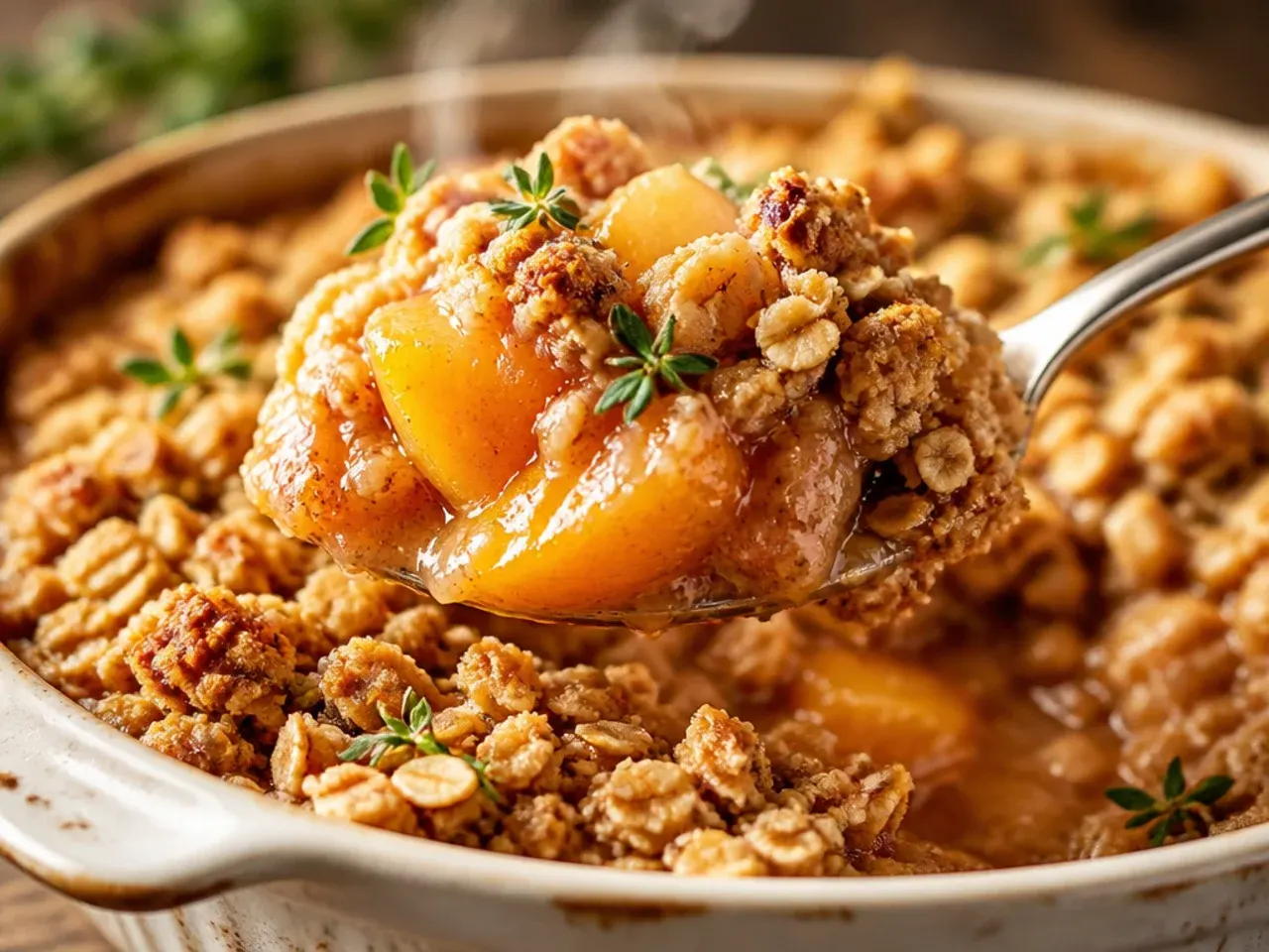 Mixing bowl of fresh and frozen peach slices being combined for a peach crisp filling