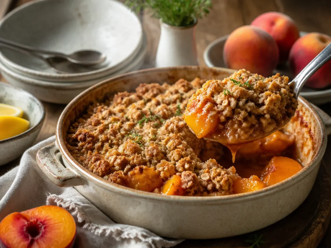 Warm spiced peach crisp served in a bowl with steam rising, alongside a cup of tea