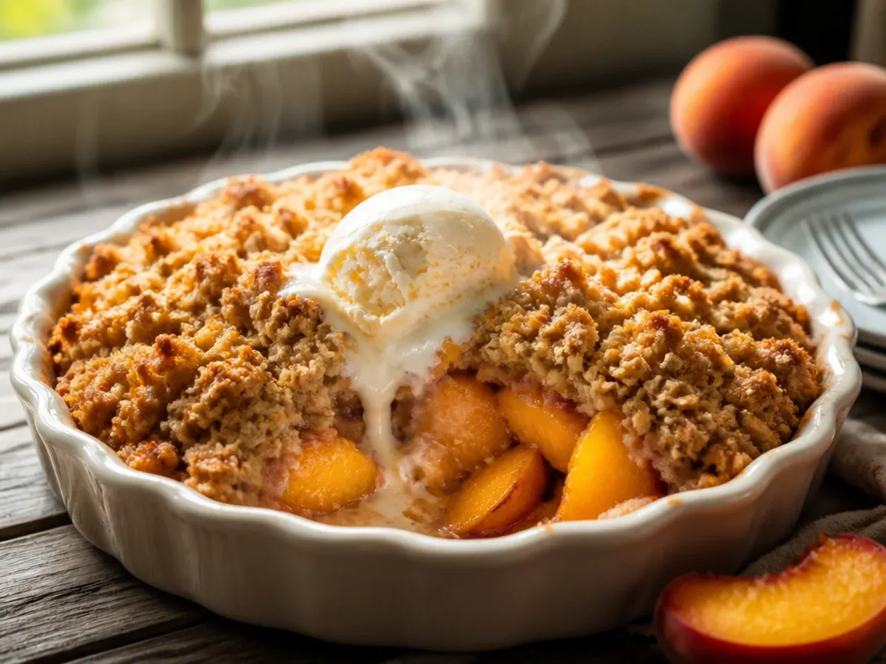 Sliced peach crisp showing a creamy cheesecake swirl layer between the fruit and crumble topping
