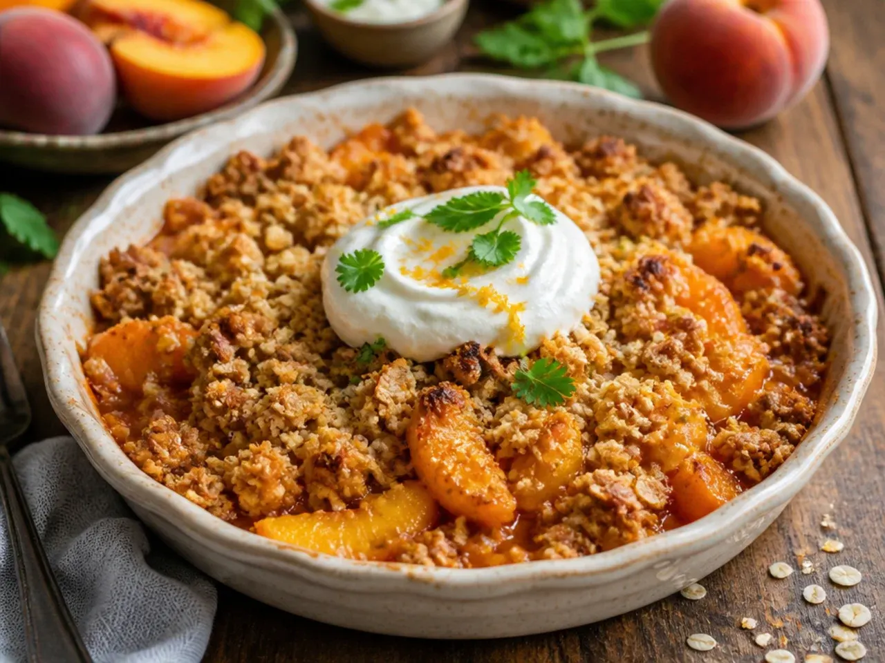 Peach crisp with lemon zest and grated ginger scattered over the top before baking