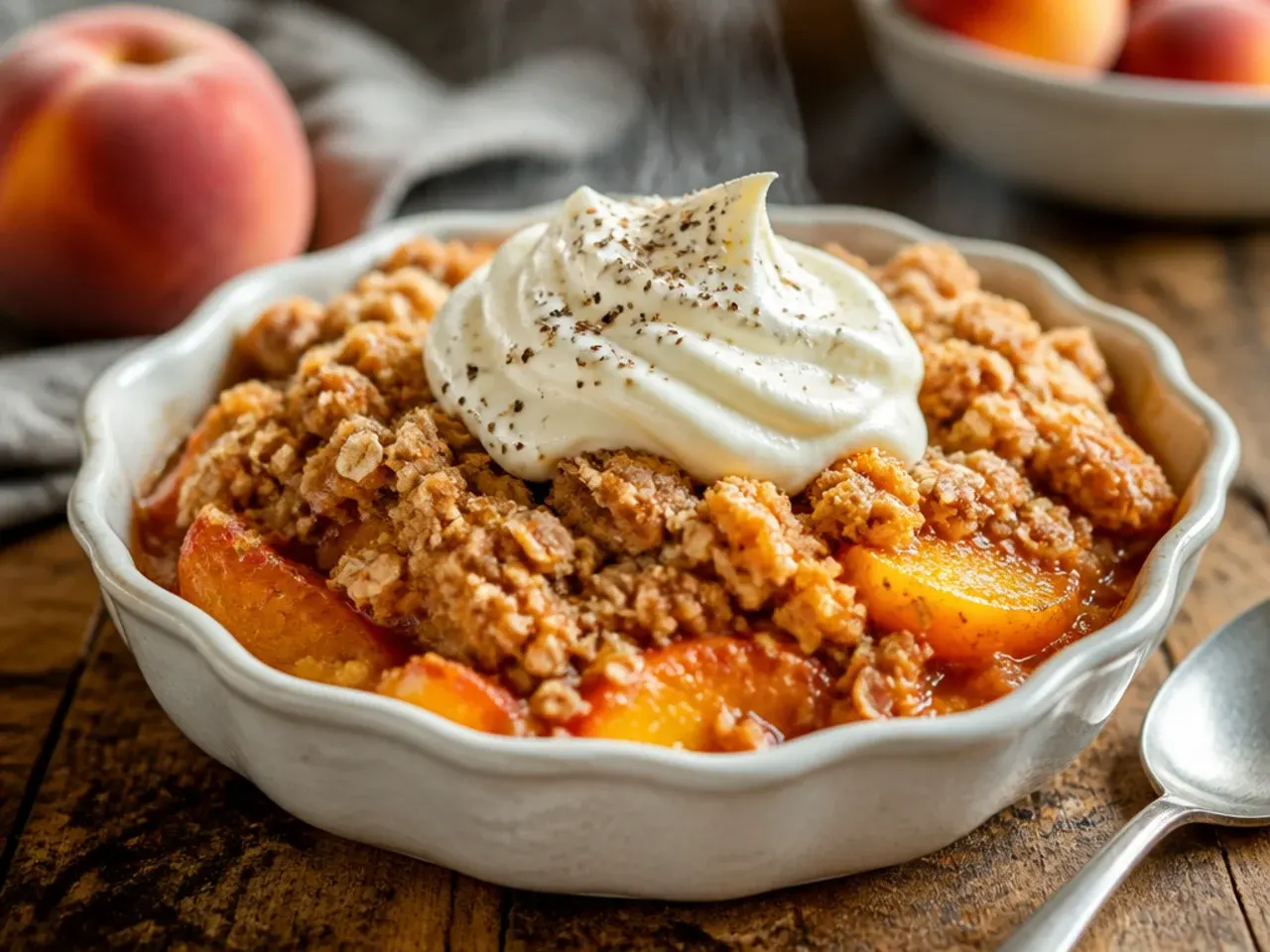 Honey being drizzled over a wholemeal oat crumble topping for peach crisp
