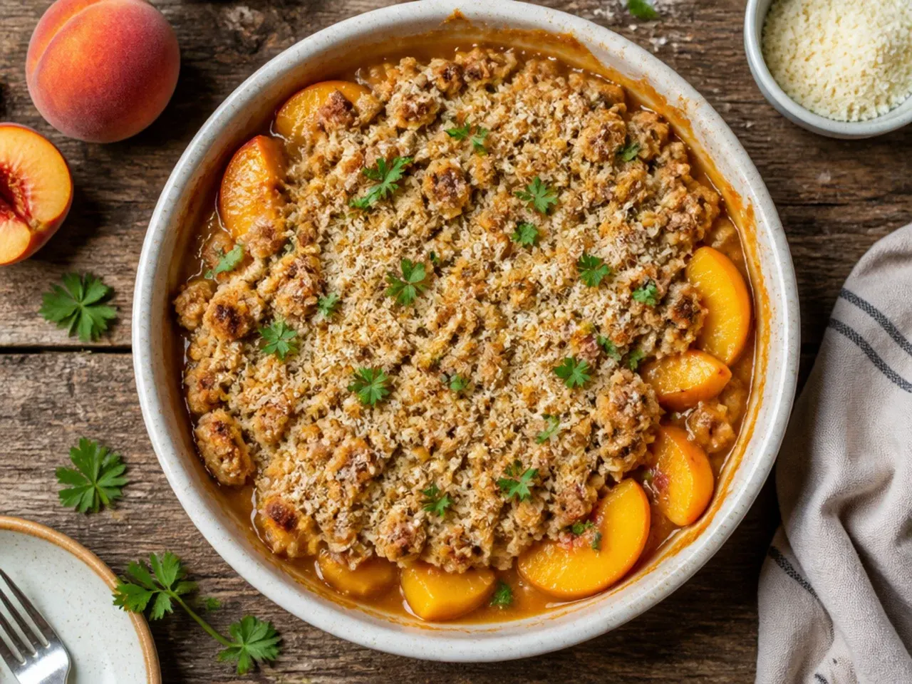 Simple pantry-ingredient peach crisp in a basic baking dish on a kitchen counter