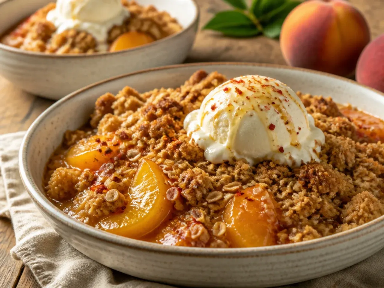 Quick weeknight peach crisp in a shallow baking dish next to a kitchen timer