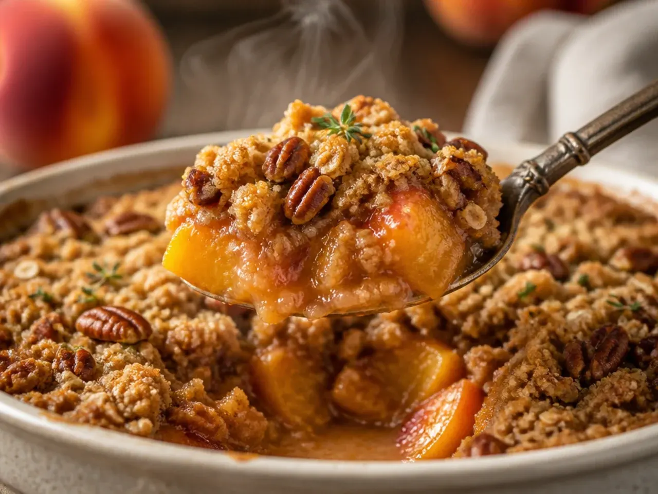 Rustic peach and pecan crisp with a chunky, uneven crumble topping