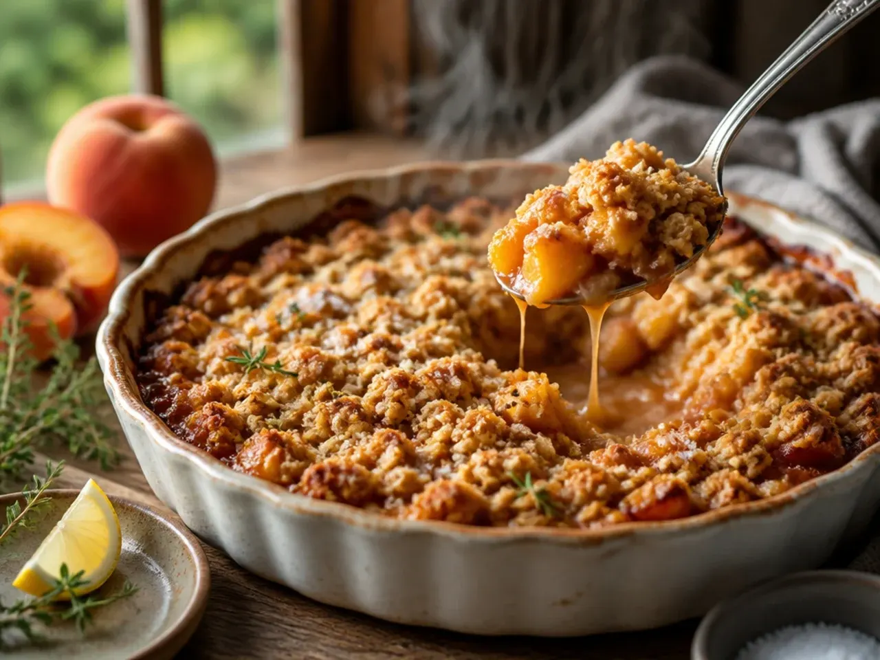 Peach crisp drizzled with salted caramel sauce and flaky sea salt on top
