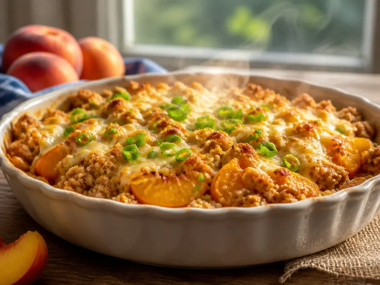 Large roasting tin of peach crisp sized for a crowd with a golden crumble top