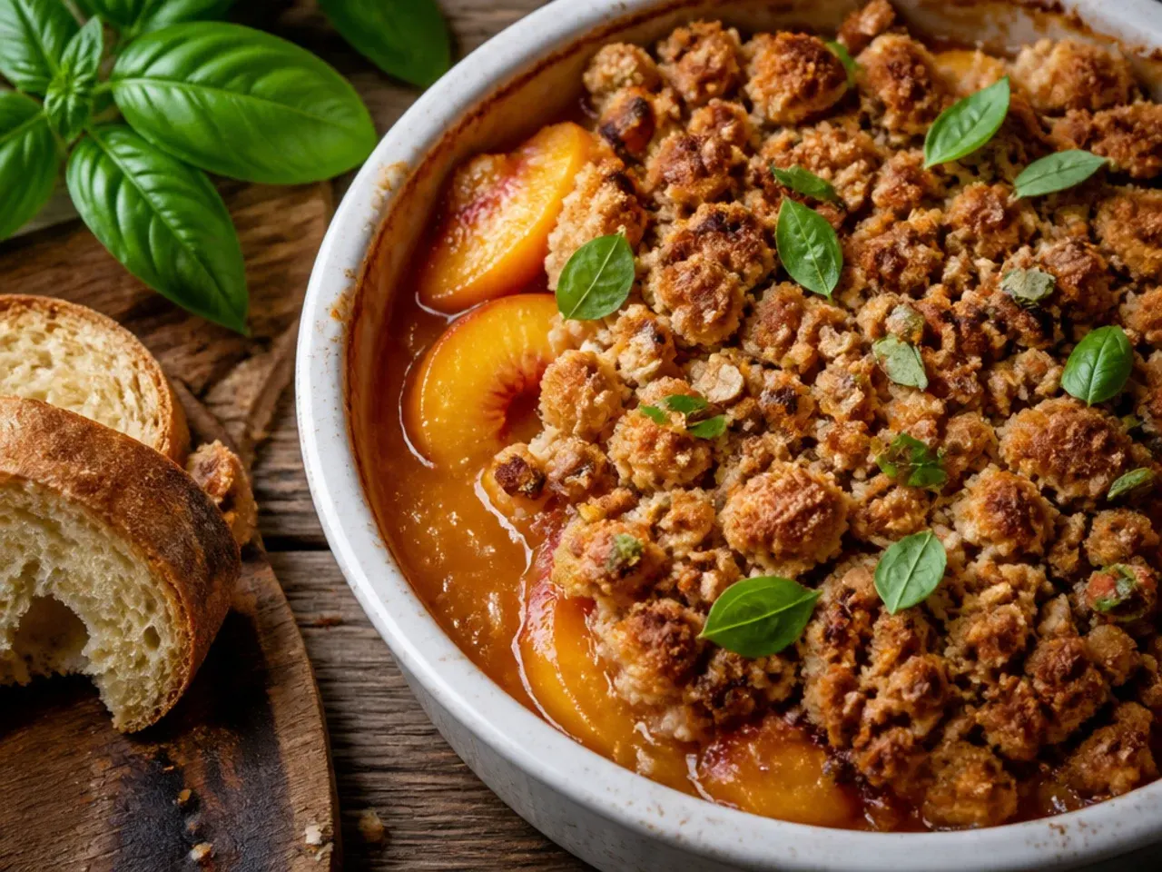 Bourbon being poured into a bowl of peach filling with browned butter crumble nearby