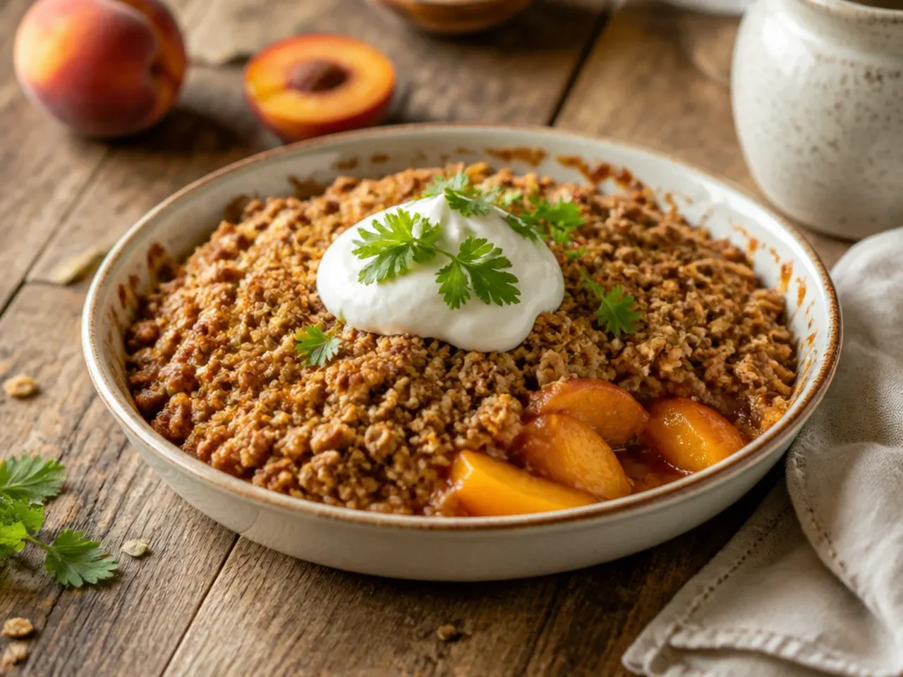 Small ramekin of peach crisp inside an air fryer basket